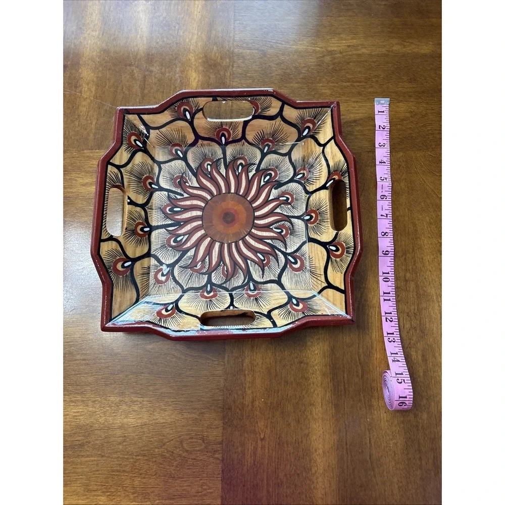 Handmade Wooden Tray With All Side Handles  12x12x 3 Inch Zihuatanejo Mexico